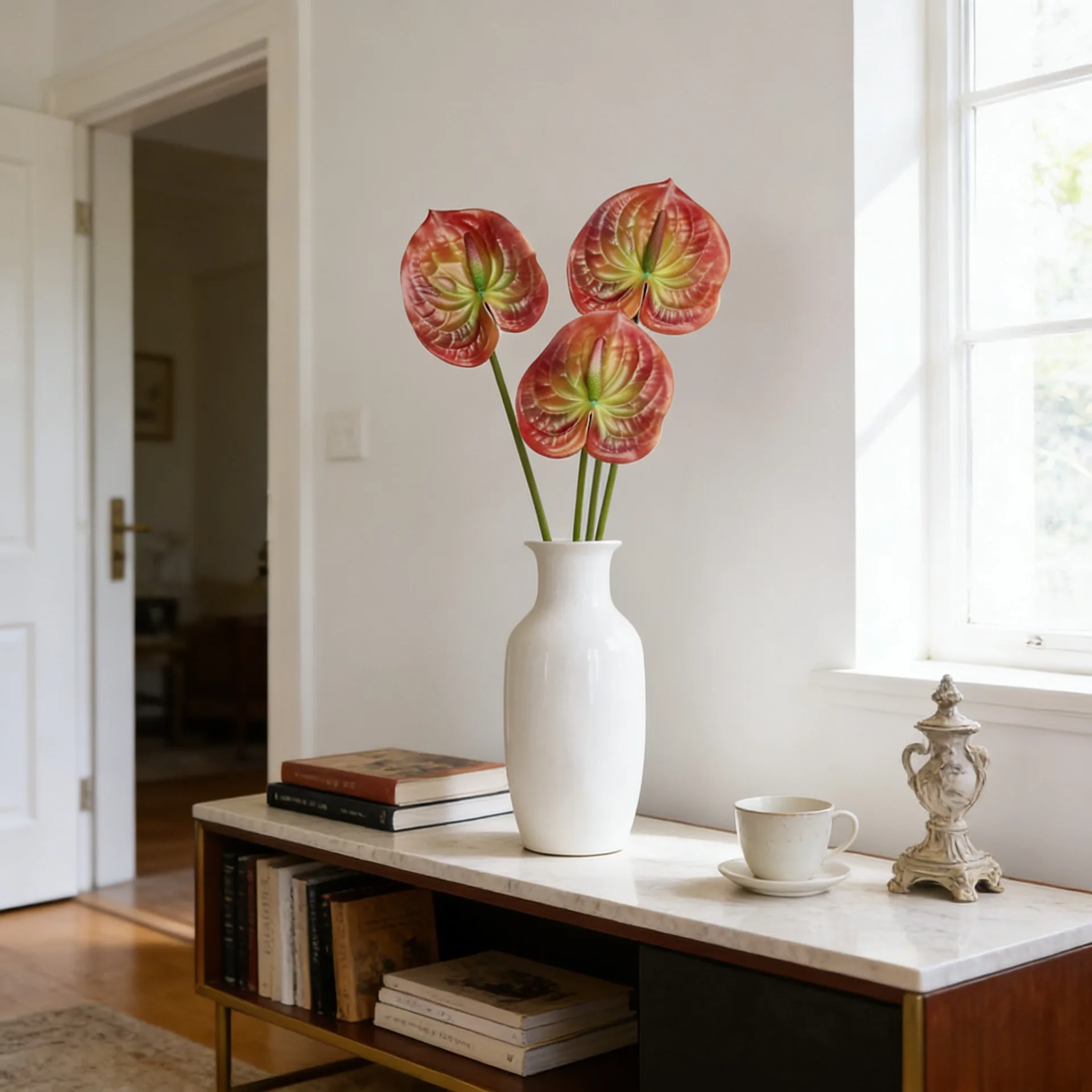 22,4 Zoll künstliche Anthurium Friedenslilie Topfpflanzen kleine Heimdekoration Hochzeit Blumenarrangement Fotografie Requisiten