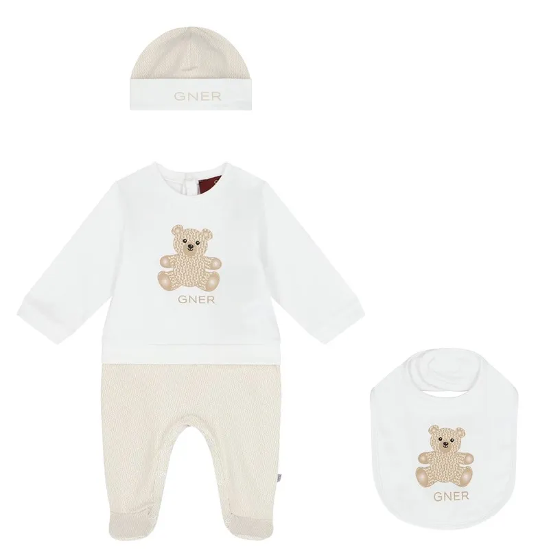 New Infant Khaki Romper Set+Bib+Hat For Baby Boys Romper Cltohing Set Baby Solid Jumpsuits Newborn Footies