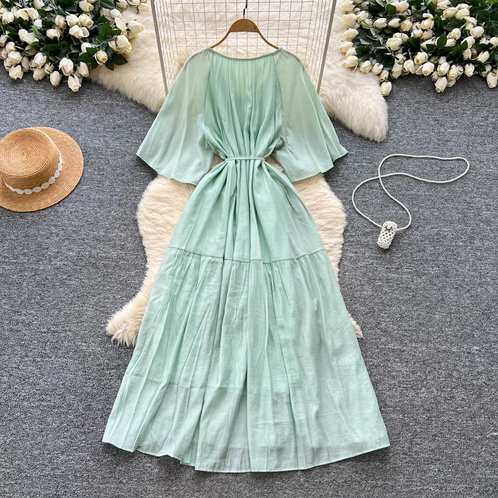 เดรสยาวทรงเข้ารูปสไตล์เกาหลีโบฮีเมียน ผ้าตาข่ายแขนสั้น ดีไซน์วินเทจเก๋ไก๋ สวยหรูดุจนางฟ้า