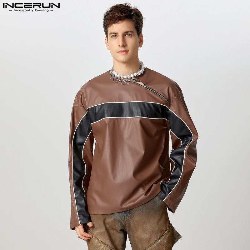 INCERUN 2024 Handsome Men Clothing PU Leather Zipper Jacket Casual Personality Splicing Color Blocking Long Sleeved Jacket S-5XL