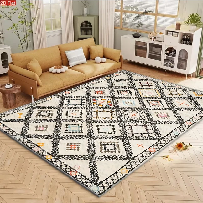 Moroccan Style Diamond Geometric Pattern Carpet Flooring for Living Room Bedroom Boho Decor Non Slip Durable Floor Mat