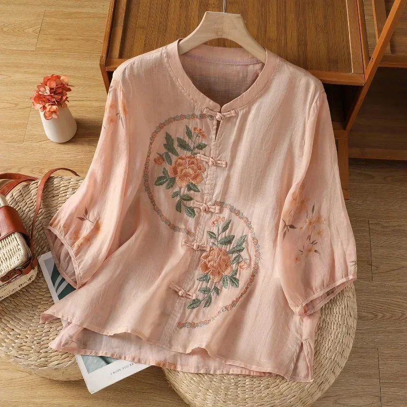 Chemisier de Style chinois pour femmes, chemises Vintage brodées, mode, vêtements d'été amples, manches courtes, en coton et lin, hauts pour femmes