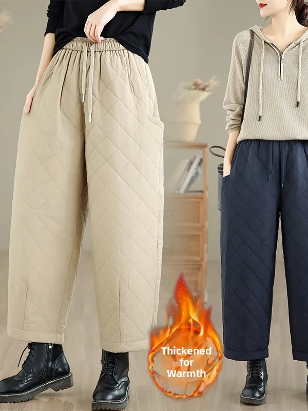 

plus Size Quilted Cotton Trousers for Women Winter Warm Cotton Insert Wide Leg Turnip Pants High Waist Casual Sle