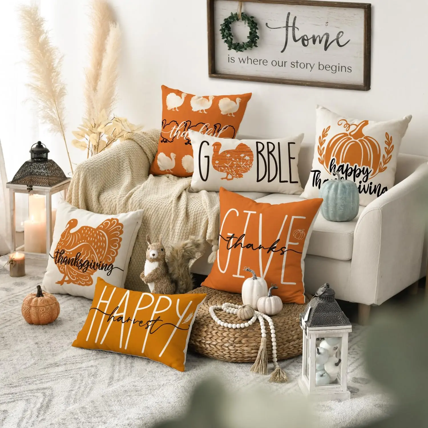 Turkey Pumpkin Throw Pillow Covers, 18 x 18 Inch Thankful Cushion Case for Sofa Couch Set of 4