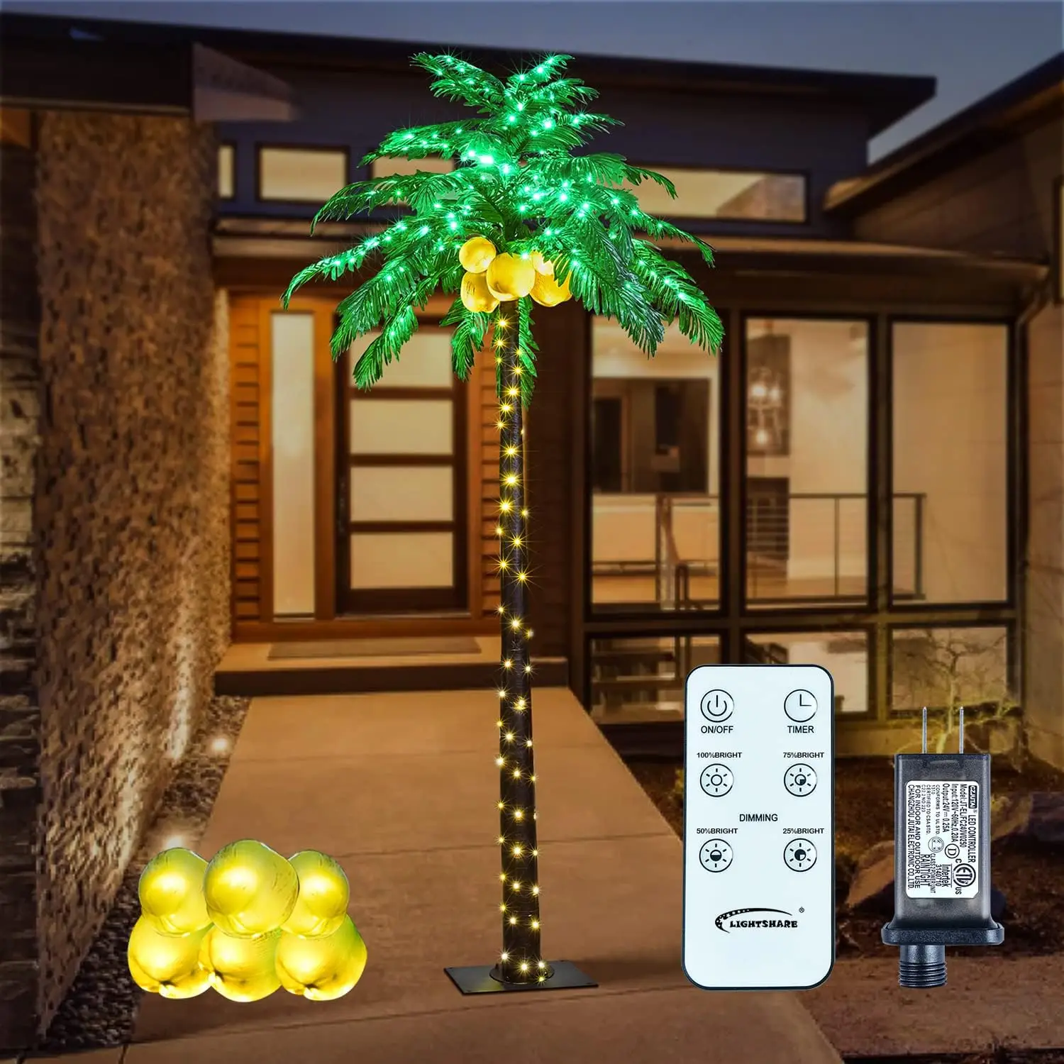 9FT Gorgeous Artificial Lighted Palm Tree with Coconuts, 368 LED Lights, Decoration for Christmas, Nativity, Outside Patio