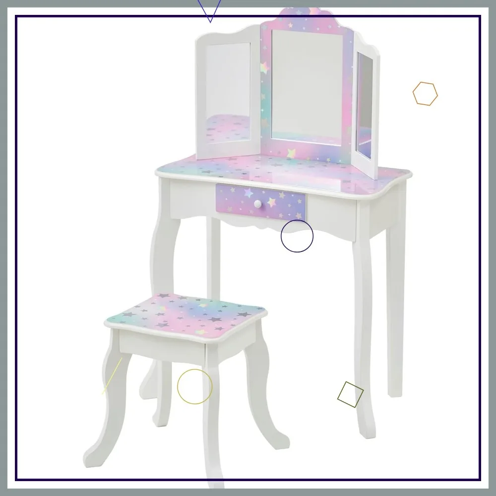 طقم فانيتي للأطفال مع مرآة ومقعد، طاولة تزيين خشبية للفتيات، تصميم طباعة نجمة بيضاء