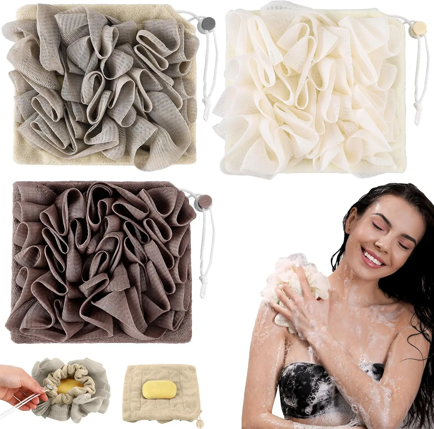 

3-Pack 2-in-1 Washcloth Loofah Set with Drawstring, Exfoliating Mesh Shower Sponge for Smooth Skin (Grey/Coffee/Beige)