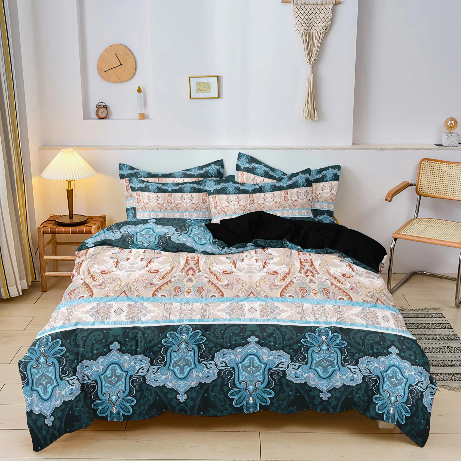 Teal Green Paisley Striped Print 3 Pieces Duvet Cover Set, Retro Baroque Ornate Floral Print Bedding, Multiple Sizes Available