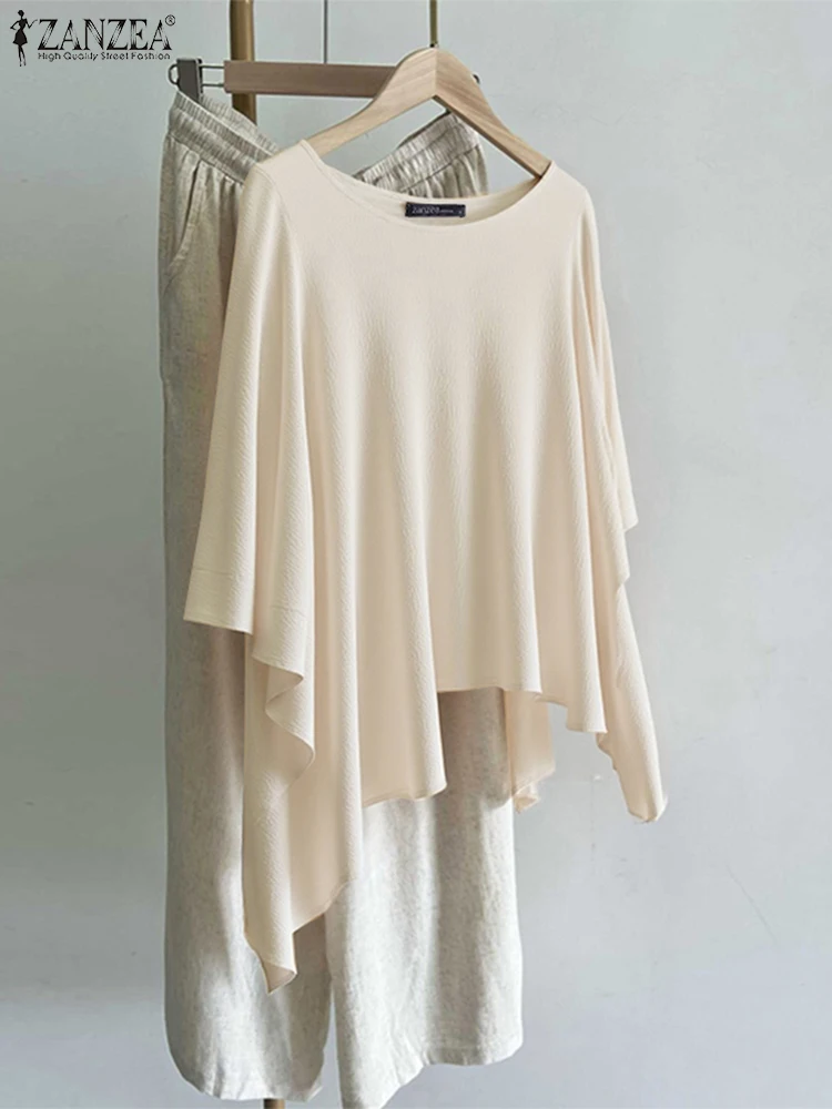 プラスサイズ 5XL ZANZEA 女性非対称ブラウス 2025 秋バットスリーブカジュアルトップス O ネック無地シャツルーズ韓国 Blusas