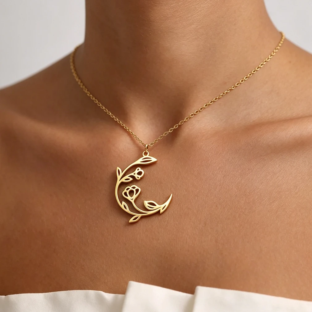 Romantic  Crescent Flower Branch Pendant Stainless Steel Necklace Botanical Amulet Chain Jewelry Wholesale Birthday Jewelry
