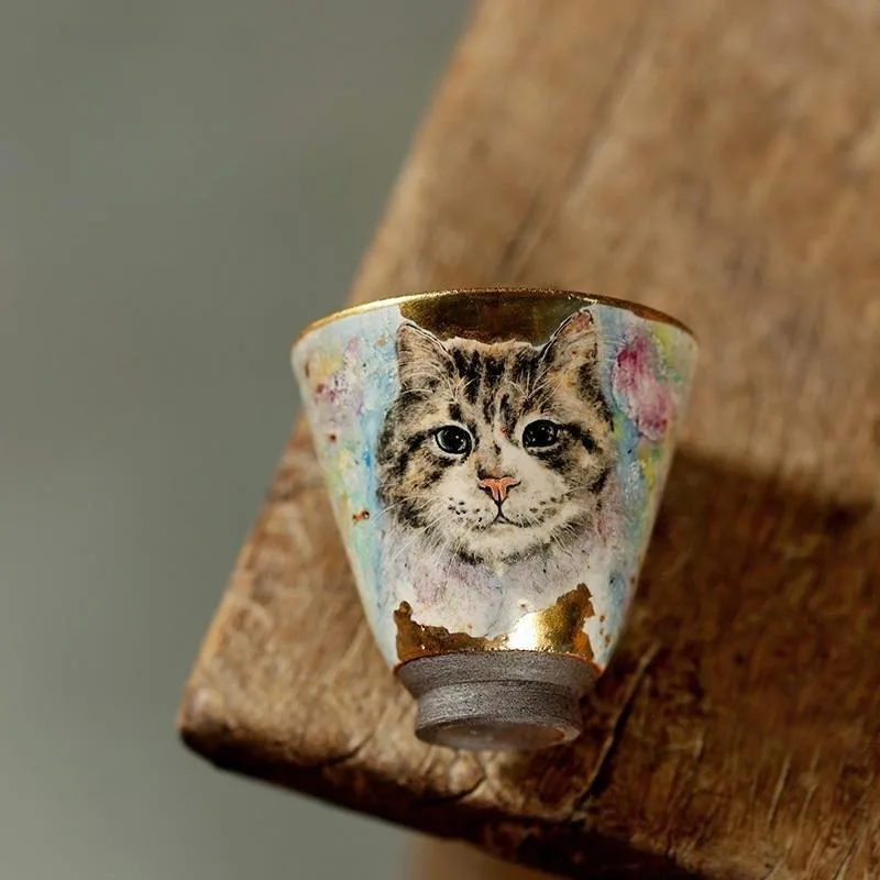 Cat hand-painted teacup firewood burning, Heni Shino master cup creative handmade coarse pottery tea cup