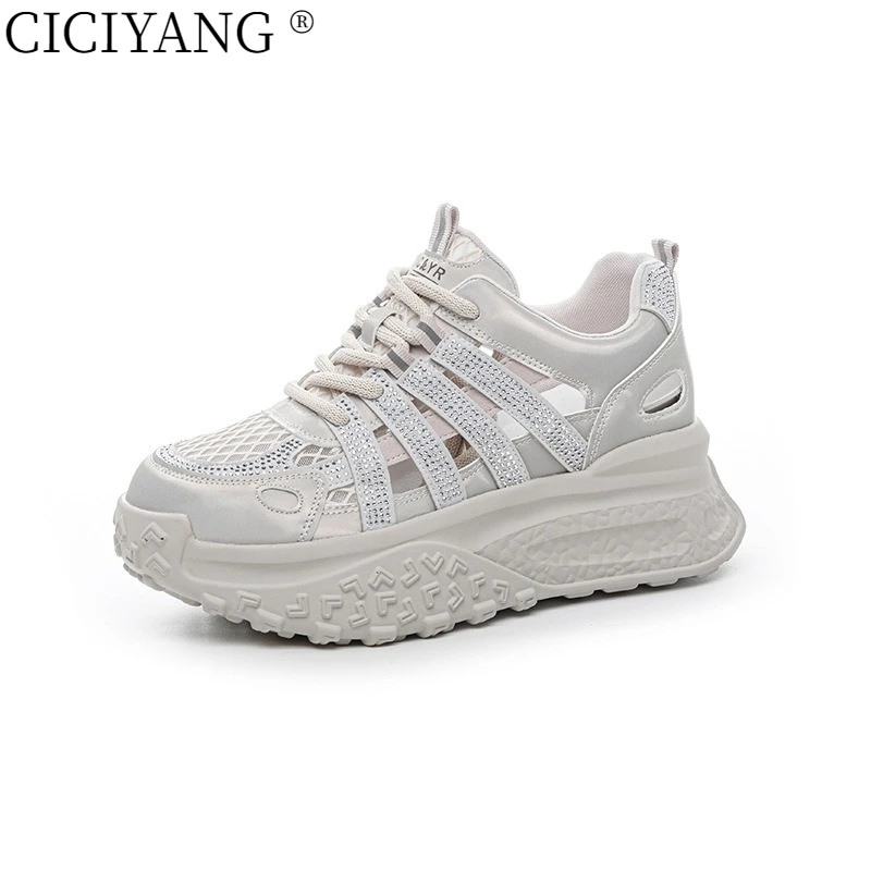 

CICIYANG 7cm Mesh Hollow Women's Sneakers 2025 New Casual Lace Up Fashion Summer Chunky Sneaker Sandals