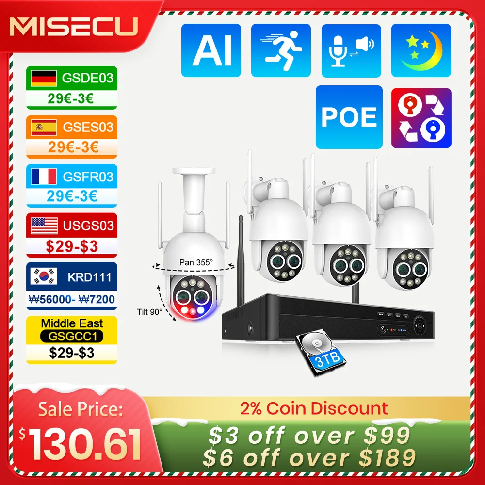 Misecu PTZ 8MP 8CH Sistema de Segurança Vigilância Sem Fio Dual Lens Detecção Humana Auto Track Two Way Áudio WIFI NVR Camera Kit