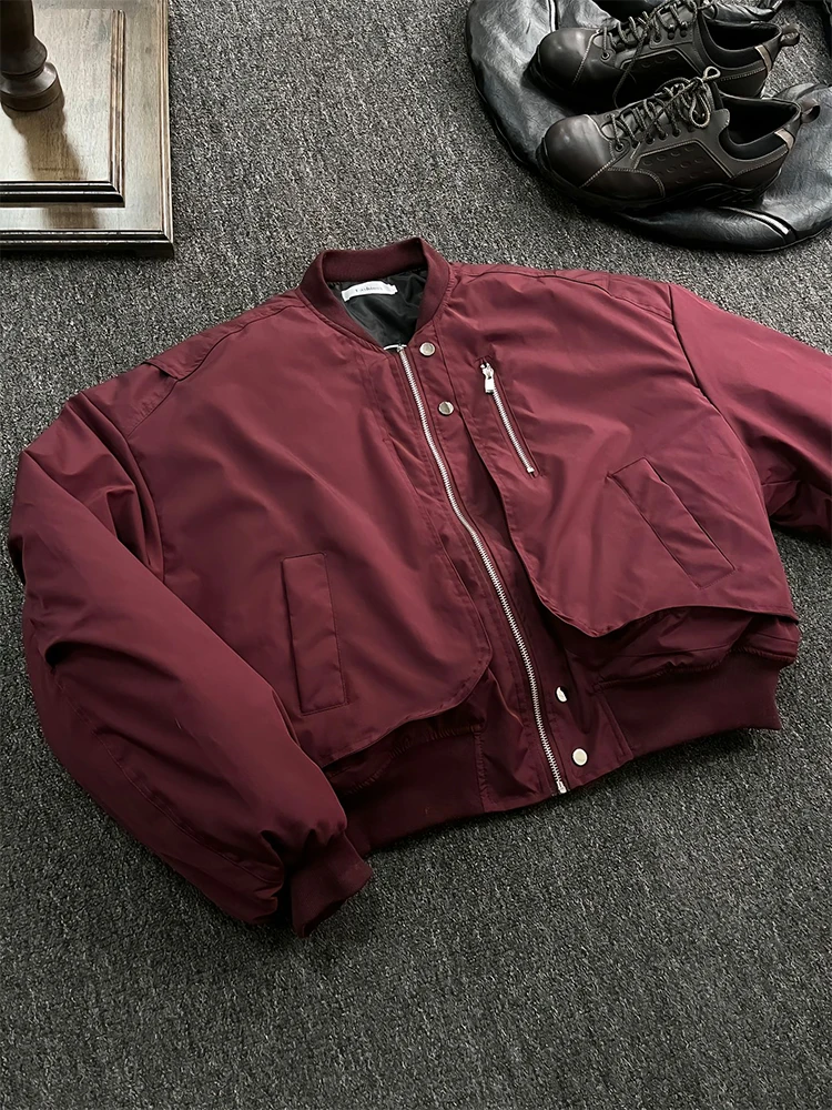 

Red Wine Color Men's Flight Jaet Cotton Coat Thiened Baseball Sle Winter Outerwear Stand Fit Casual Warm Zipper Closure