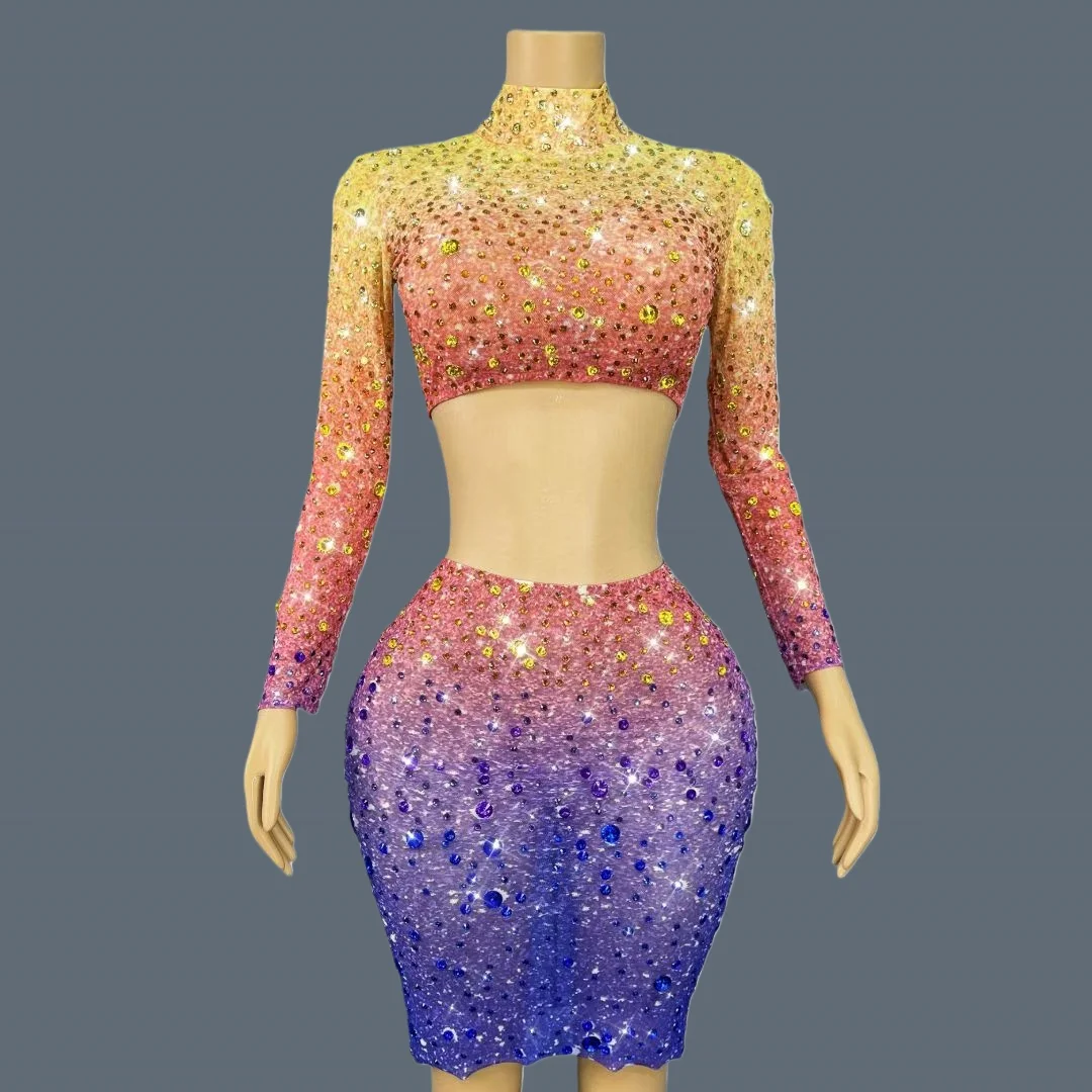 Long Sleeves Crop Tops Mini Skirt 2Pieces Set Party Sparkly Crystals See Through Mesh Short Dress Cocktail Dress Xingcaijing