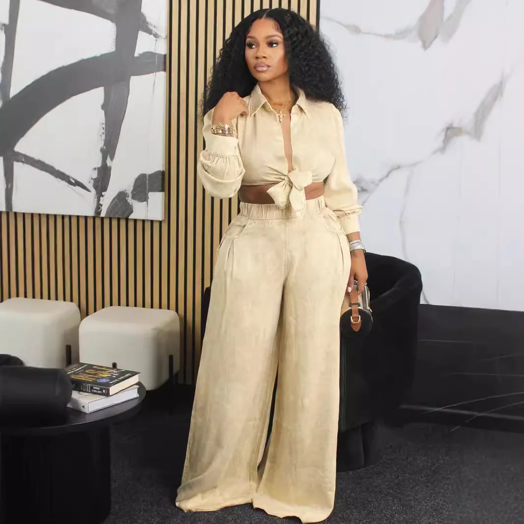 Autumn Women Suit Lapel Long-sleeved Lace-up Shirt Top Elastic Waist Wide-leg Trousers Conjunto Dos Piezas Mujer Elegante Casual