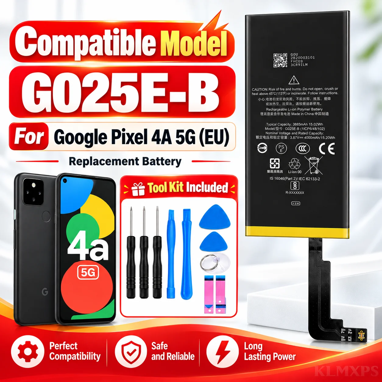 3885mAh G025E-B Battery Replacement for Google Pixel 4A 5G EU Lithium Polymer Battery with Repair Tool Kit
