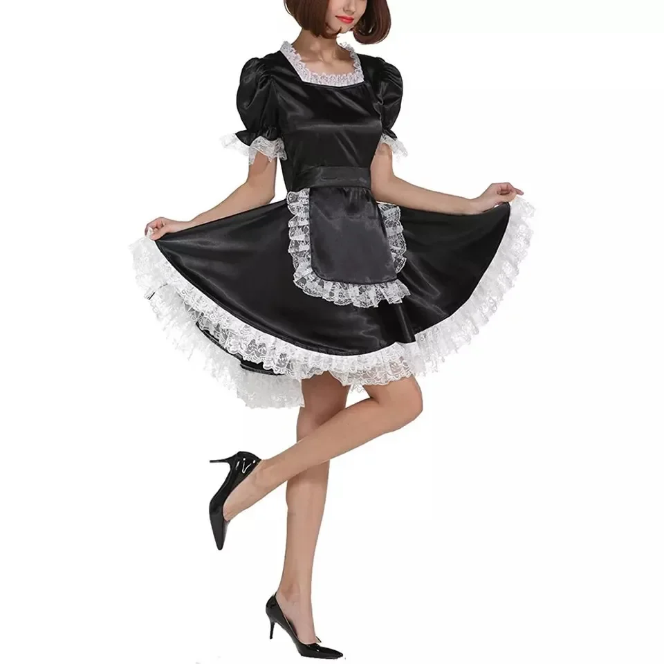 

Sissy girl black satin lockable sexy dress French maid cosplay carnival costume Customized