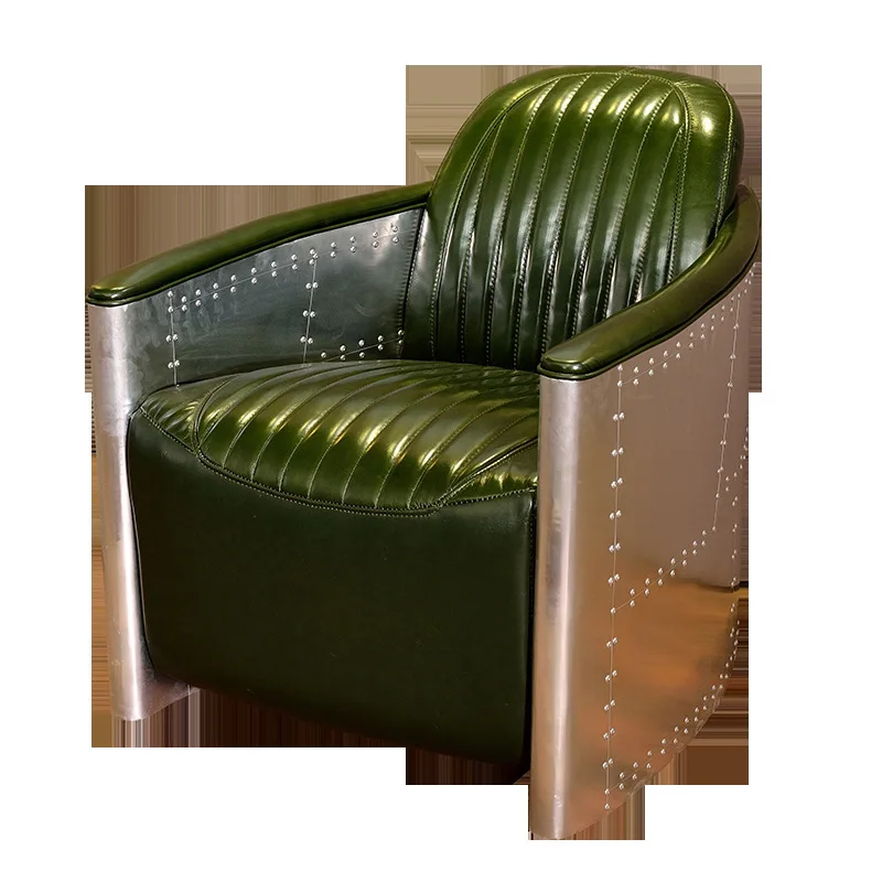 Leather Sofa Dark Green American Vintage Single Sofa Metal Aviation Aluminum Cigar Bar