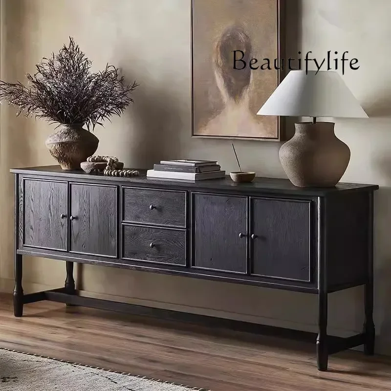 N40 Medieval style entrance cabinet household living room against the wall storage French retro solid wood old floor storage cab