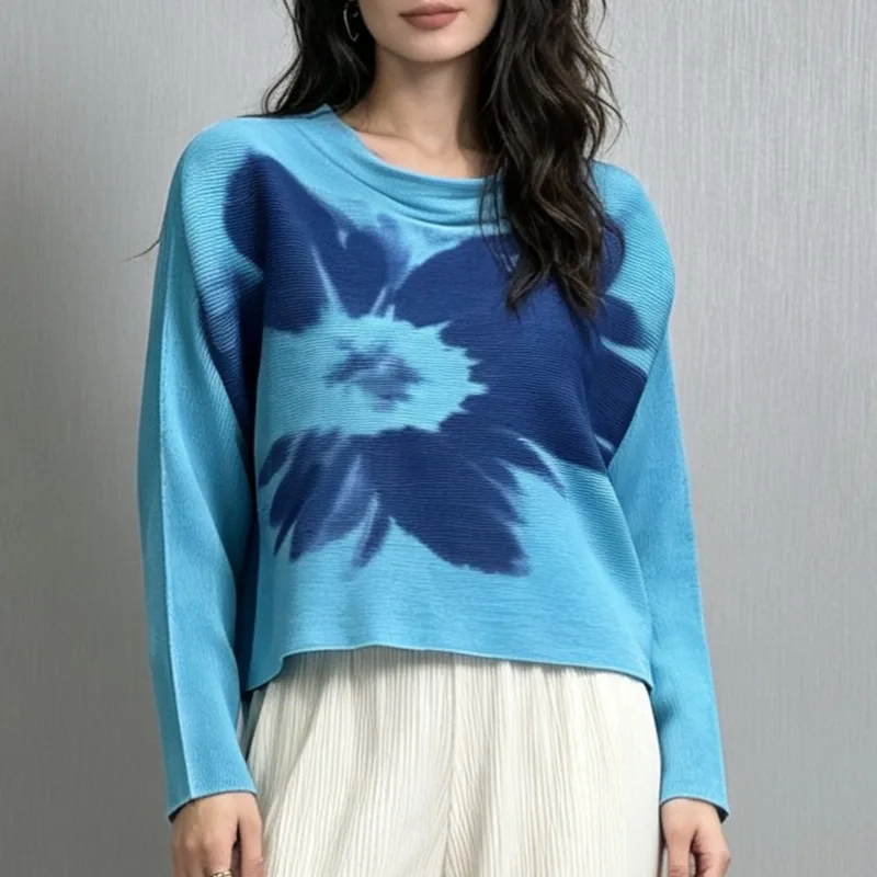 Miyake Pleated Printed T-Shirt 2026 Autumn New Top Geometric High-End Design Print Fine Toothpick Pleats Long Sleeve Flutter Top