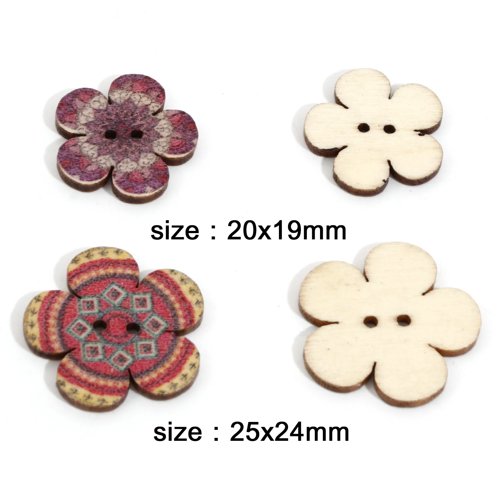 50 PCs Wood Ethnic Sewing Buttons Scrapbooking 2 Holes Flower At Random Color for Handwork Sewing Clothing Button DIY Crafts