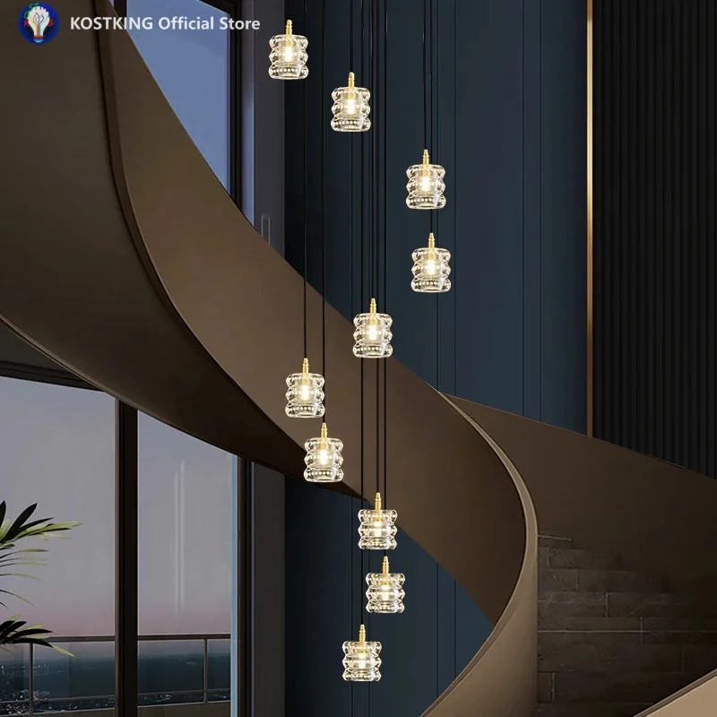 Copper Staircase Long Chandelier Light Luxury Crystal Lamp Villa Duplex Living Room Lamp Rotating Dining Room Lamp