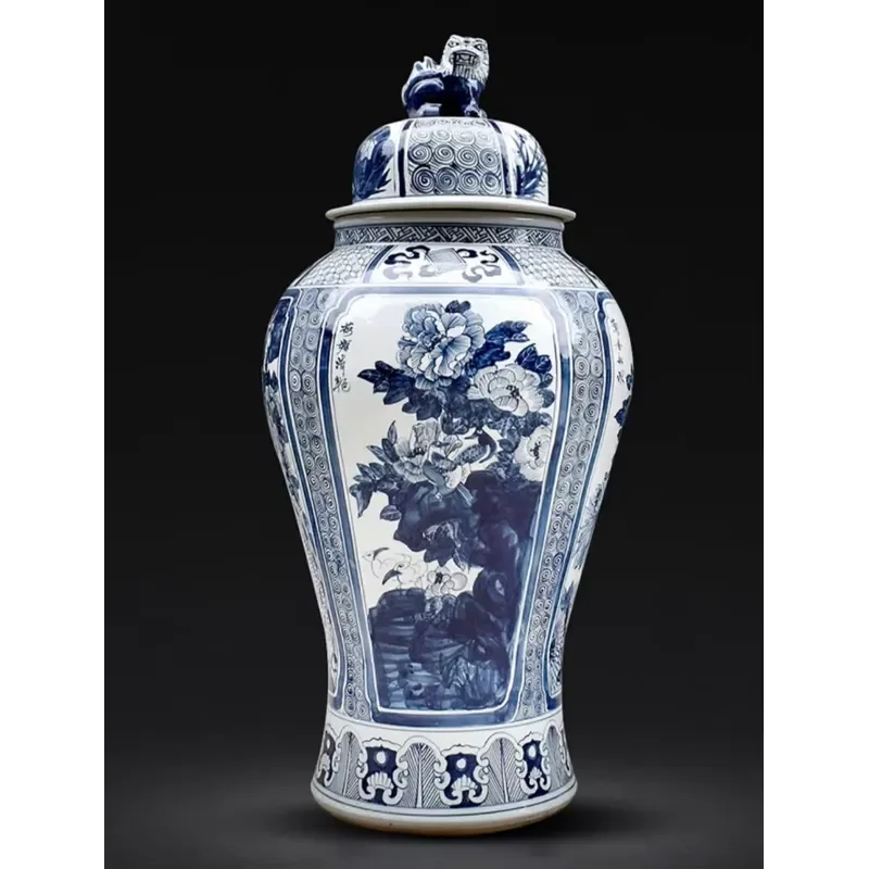 23.6 inch Traditional Oriental Blue and White Porcelain Ginger Jar Vase Chinese Decorative Ceramic Temple Jar with Lid
