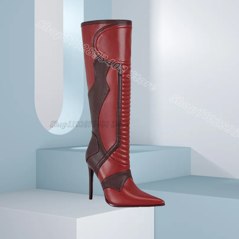 

Splicing Totem Pointed Toe Boots Shallow Side Zipper British Style Fashion for Women Party Knee Boots 2025 Zapatos Para Mujere