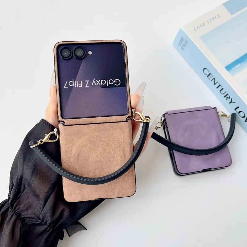 For Magsafe Magnetic Charging Luxury Lambskin Phone Case For Samsung Galaxy Z Flip 7 FE 6 5 4 With Silicone Rope Protect Cover