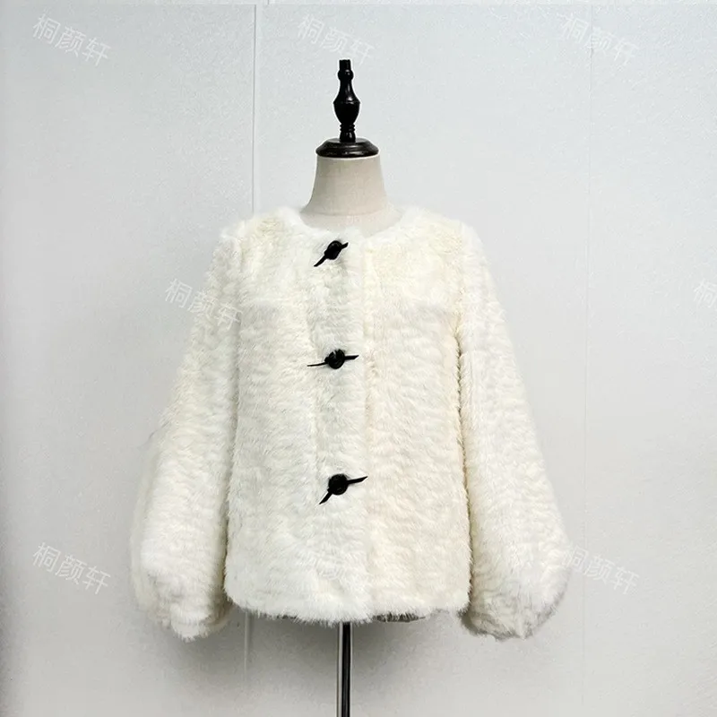 Loose Fit Coat Round Neck Elegant Commuting with Hoodless Casual Jacket Autumn Long Sleeve Lantern Sleeve Short Women Coat
