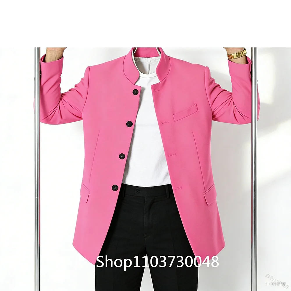 

Мужской высококачественный однотонный блейзер с воротником-стойкой, на одной пуговице, повседневный, приталенный, костюмный пиджак для мужчин