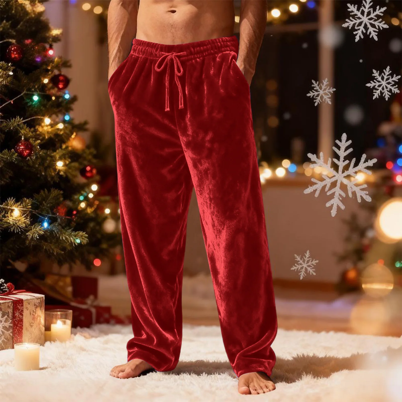 

2026 Winter Warmer Mens Casual Pants Winter Elastic Waist Wide Leg Loose Solid Color Velvet Lounge Trousers Male Casual Pants