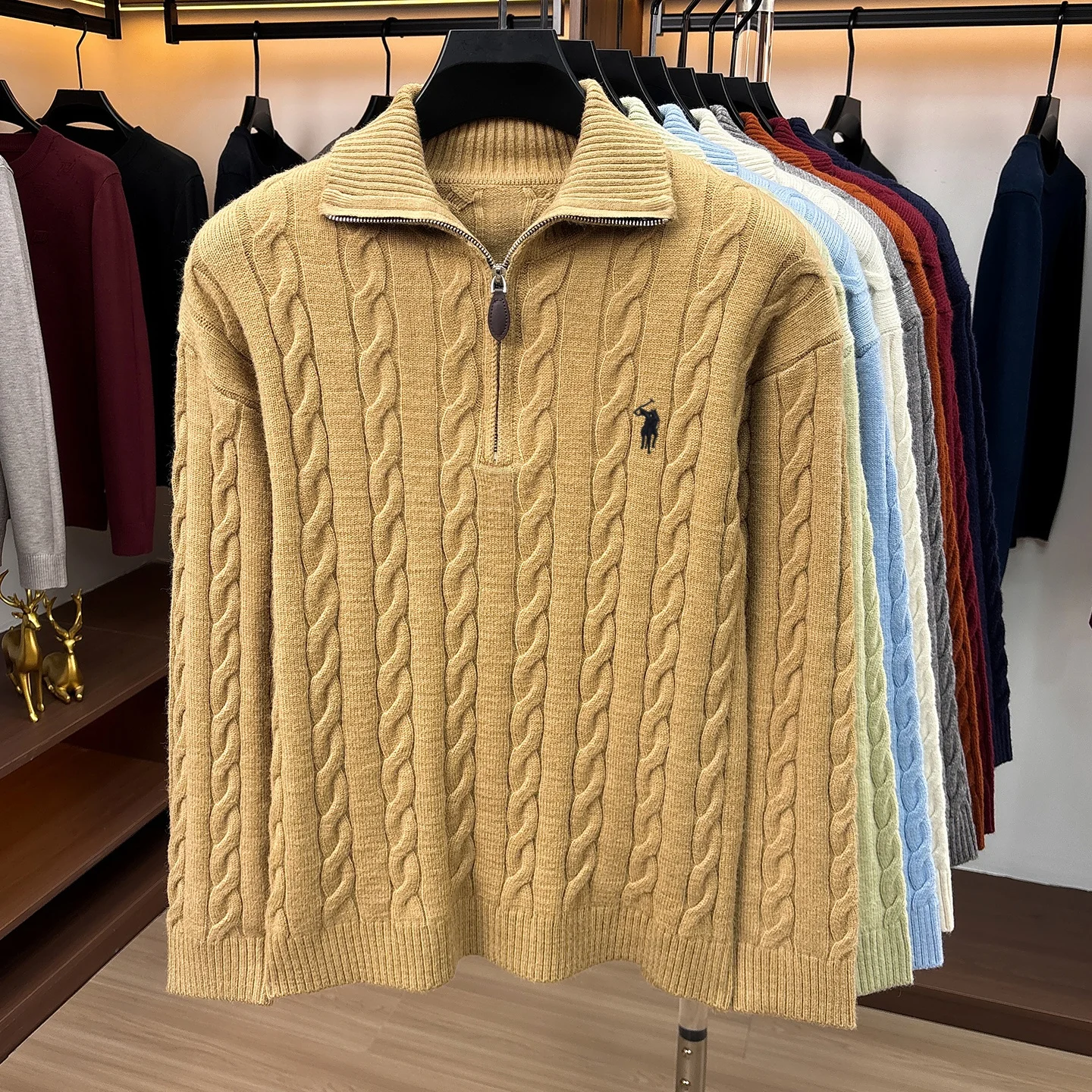 Herbst Winter Neuer Pullover Klassische Mode Jacquard Herren Retro Reißverschluss Stehkragen Luxus Paul Pony Stickerei Lässiger Strickpullover – Detail 17