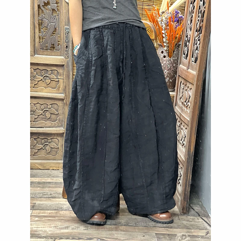 New Arrival Autumn Arts Style Women Elastic Waist Loose Ankle-length Pants High Quality Cotton Linen Vintage Wide Leg Pants F906