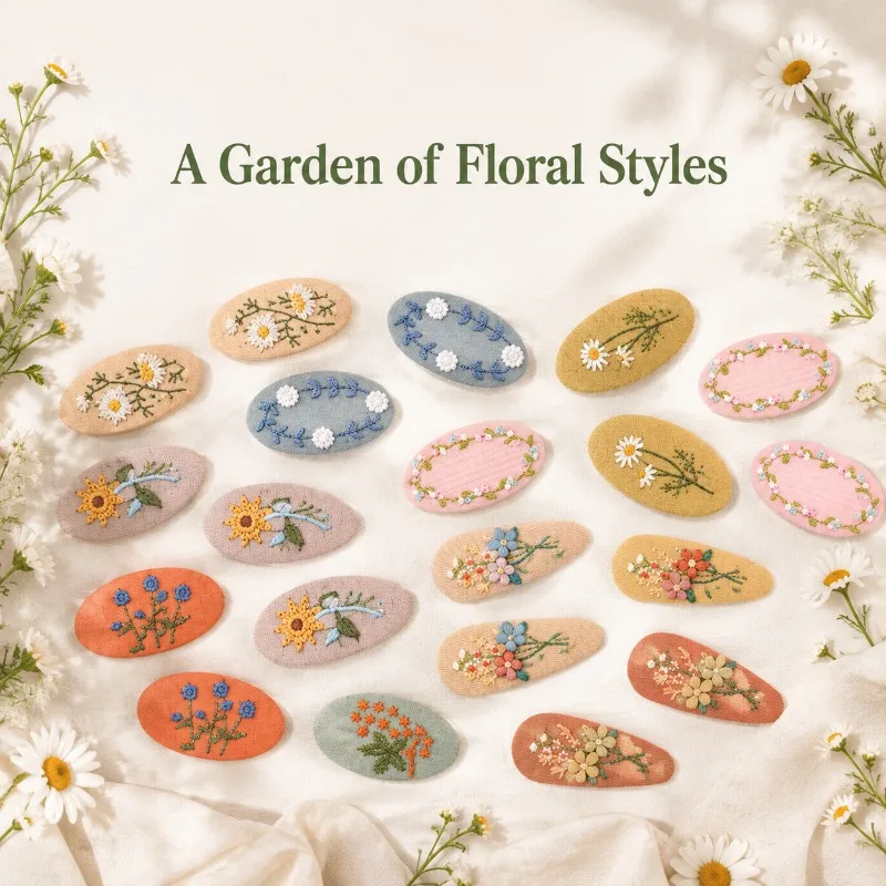 Hand Embroidered Floral Fabric Hair Clips Non Slip Sweet Barrettes for Girls Daily Party Photo Hair Accessories