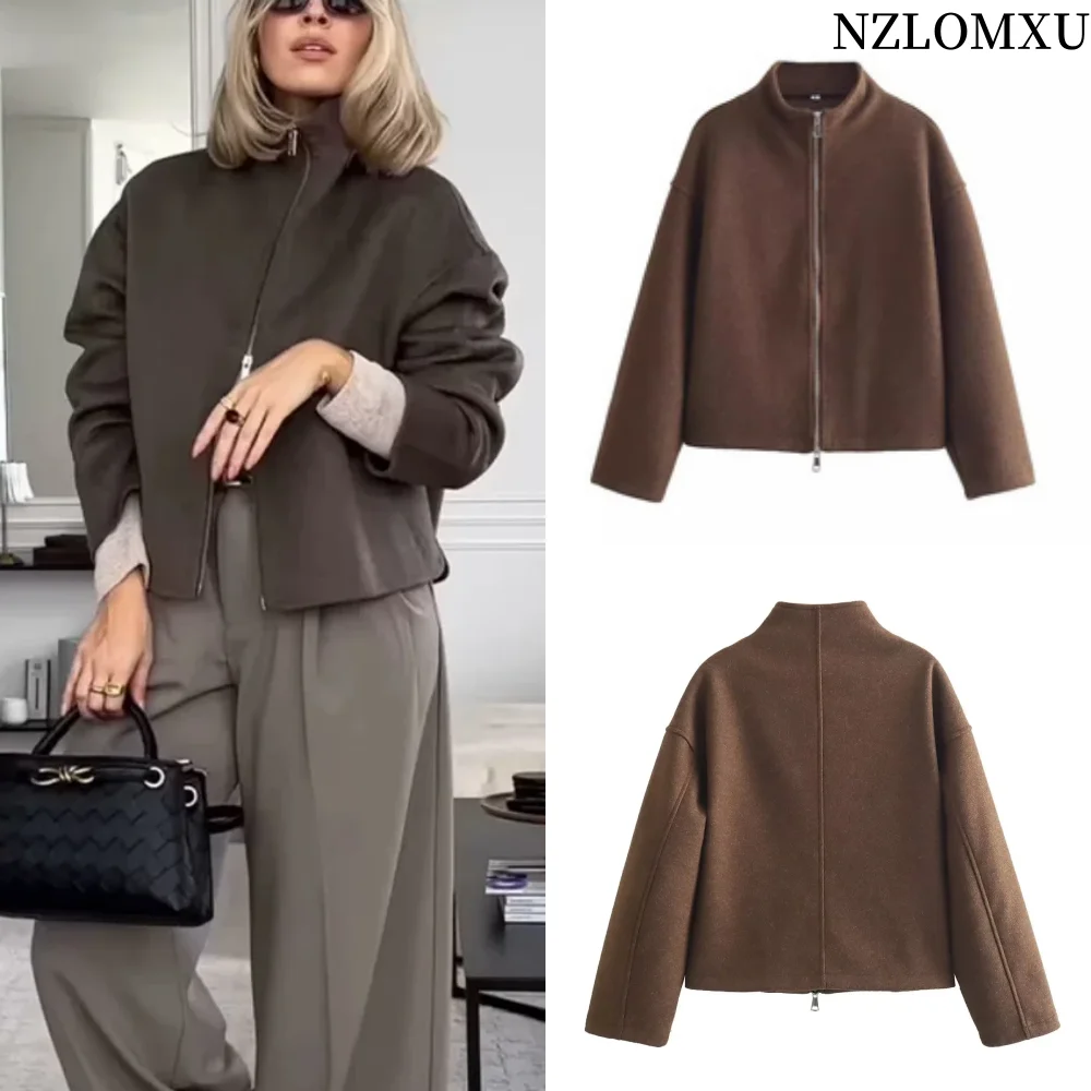 

2024, весна-лето, женские повседневные однотонные куртки, модные винтажные коричневые пальто на молнии с круглым вырезом, элегантные шикарные женские куртки