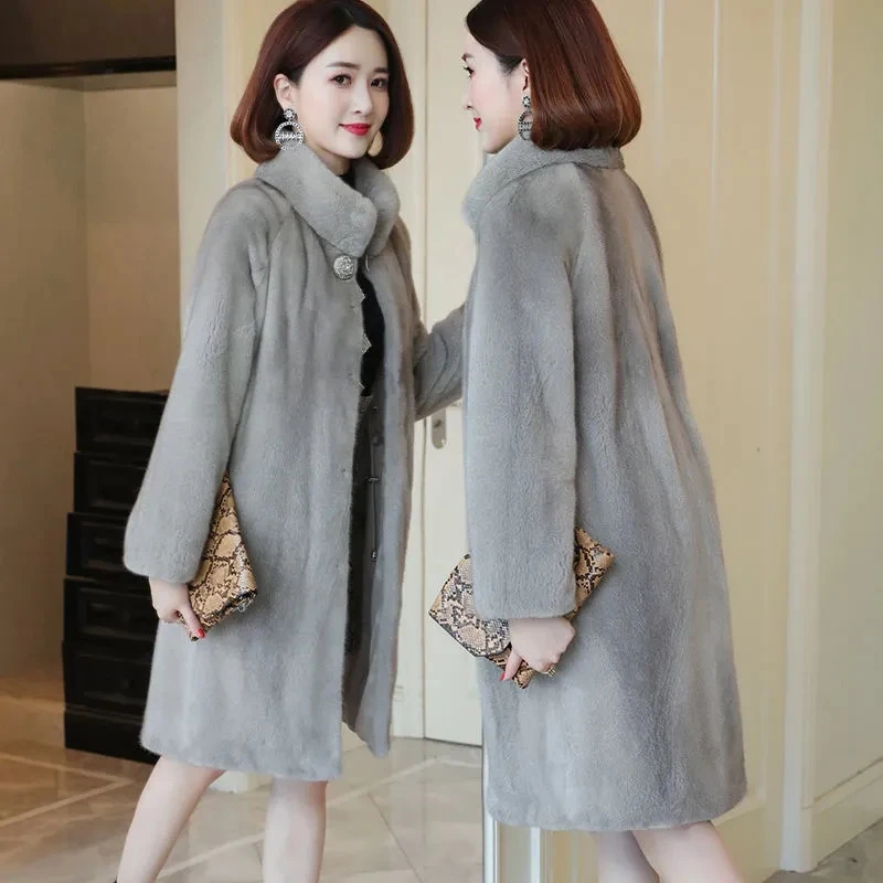 Faux Fur Jacket Thick Warm Loose Female Elegant Parka Outwear Winter Faux Mink Fleece Fur Coat Women Midi Stand Collar Jackets