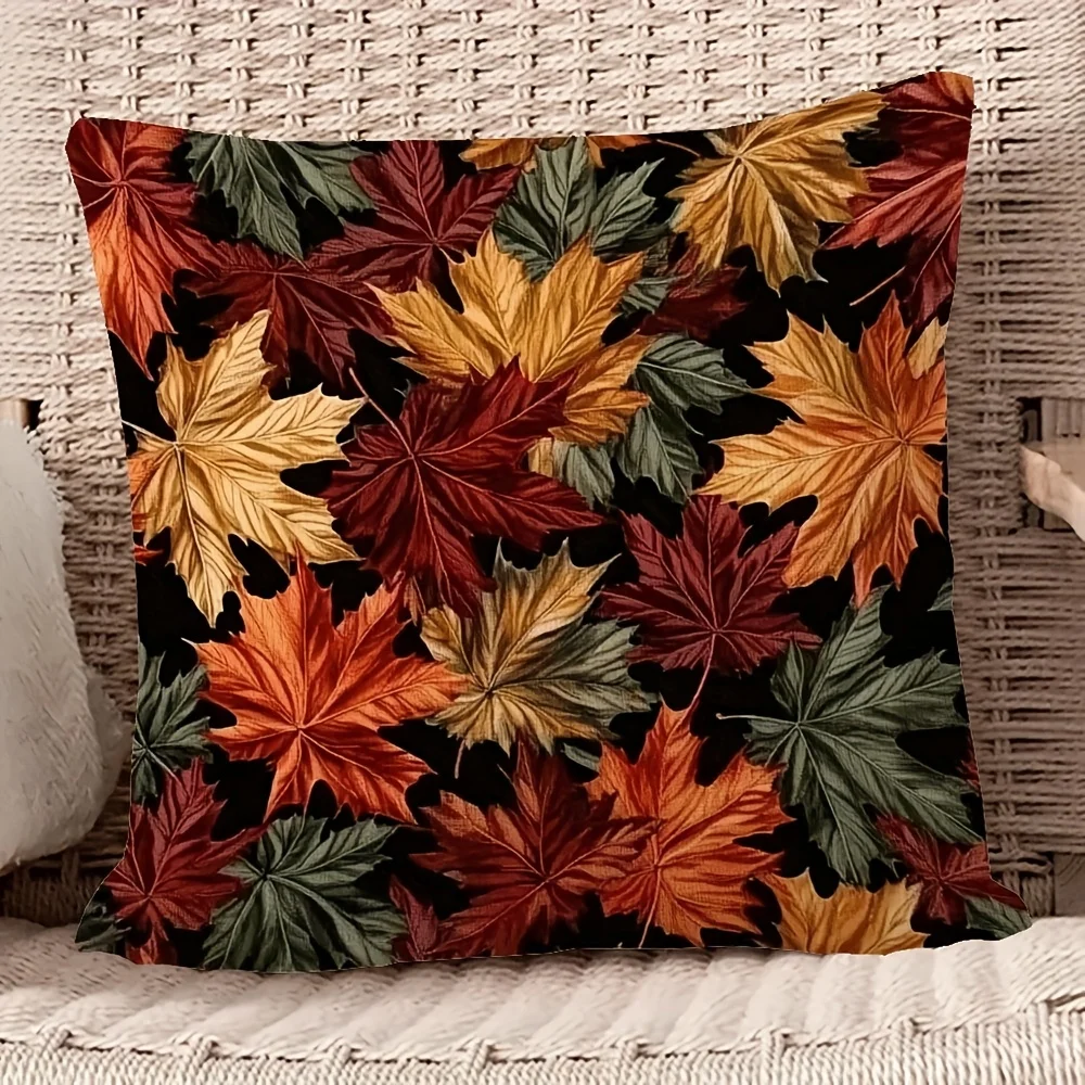 Autumn Leaf Double-Sided Decorative Pillowcase, Vivid Red Orange Yellow Foliage Pattern Cushion Cover for Living Room