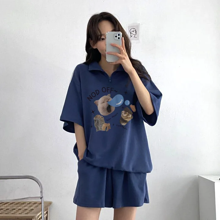 Comfortable Summer Female Clothes Soft O-neck Two Piece Shorts Sets Women T-shirts Sleepy Cat Printed Casual Tee Shirts Suits