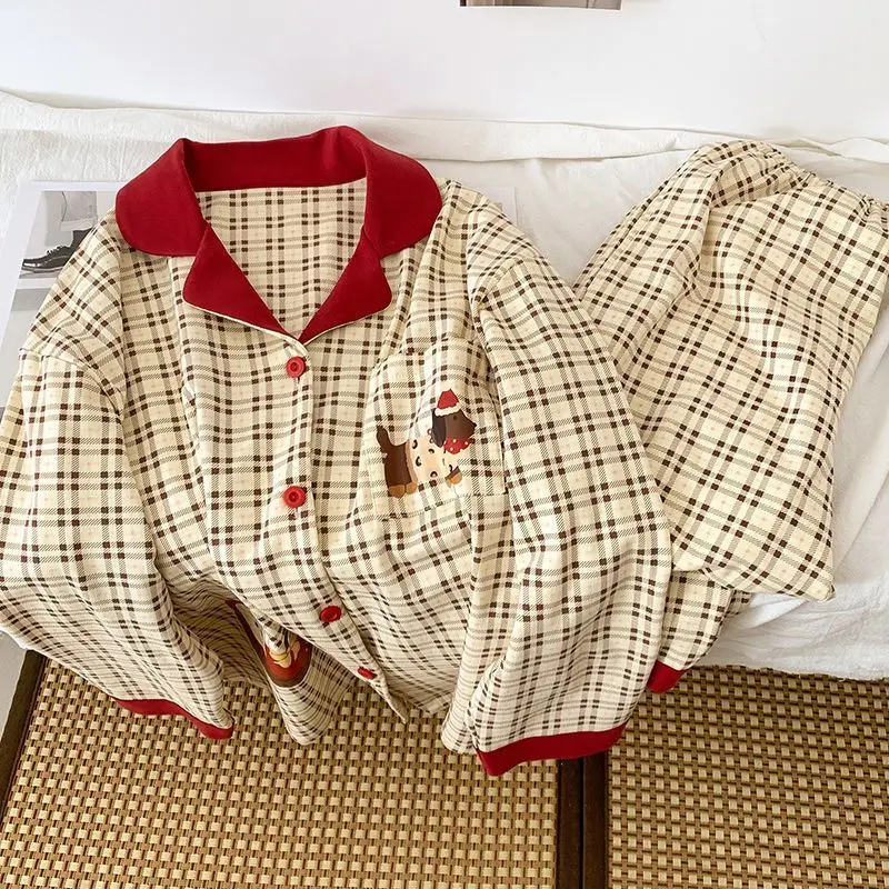 

Retro Red-brown Checkered Cartoon Cotton Pajamas Women Long Sleeves and Long Pants Cute Puppy Design Home Casual Outings Autumn
