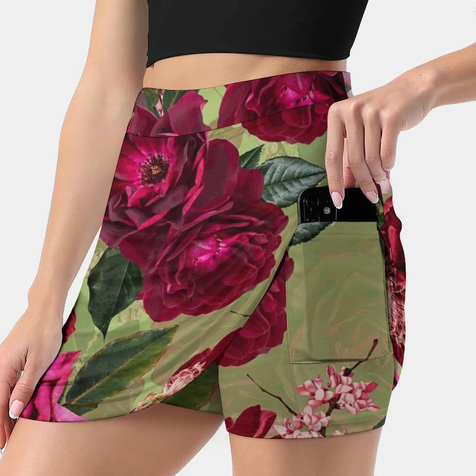 Antique Green Botanical Flower Rose Garden Summer Women's shorts Skirt 2 In 1 Fitness Yoga Skirt Tennis Skirts Nature Blossom