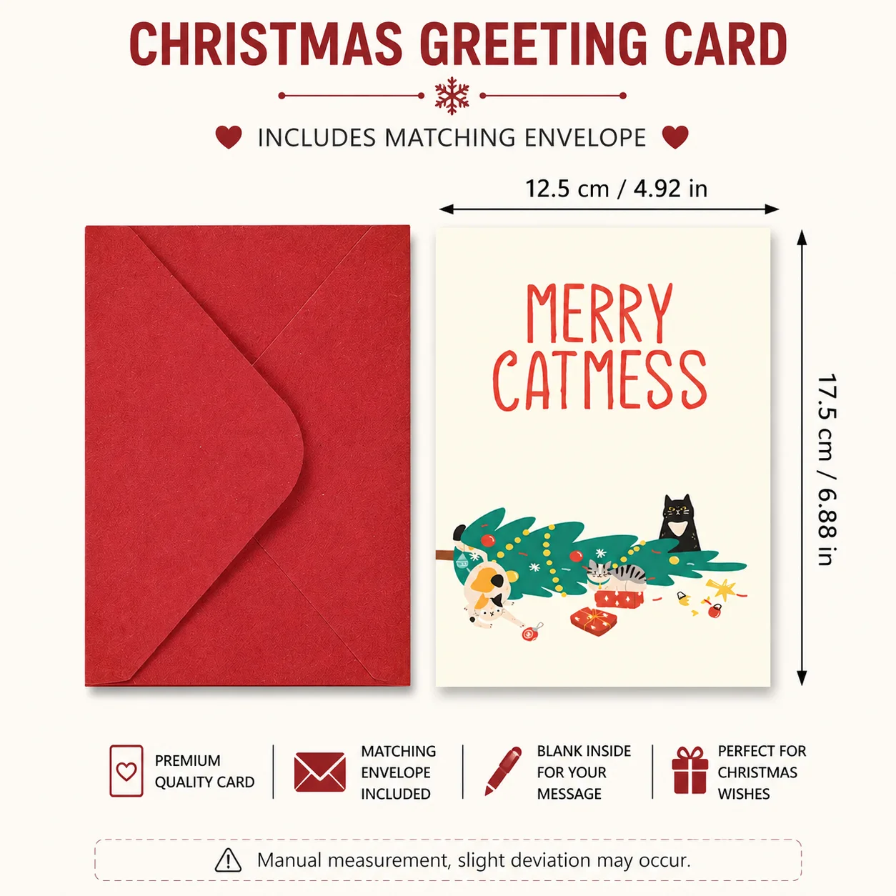 1PC Christmas Cat Greeting Card with Envelope Funny Xmas Holiday Card Festive Paper Card for Friends Family Party Gift