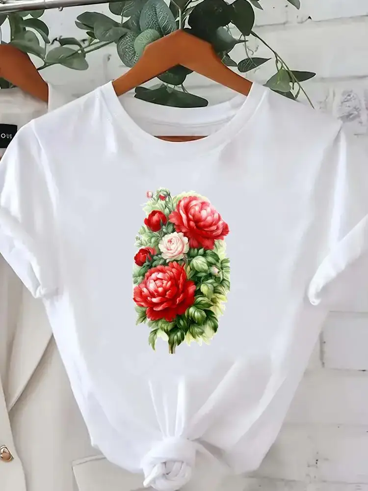 الملابس المحملات الملابس أزياء السيدات شعبية س الرقبة المرأة عارضة T طباعة الاتجاه نمط زهرة قصيرة الأكمام الجرافيك تي شيرت