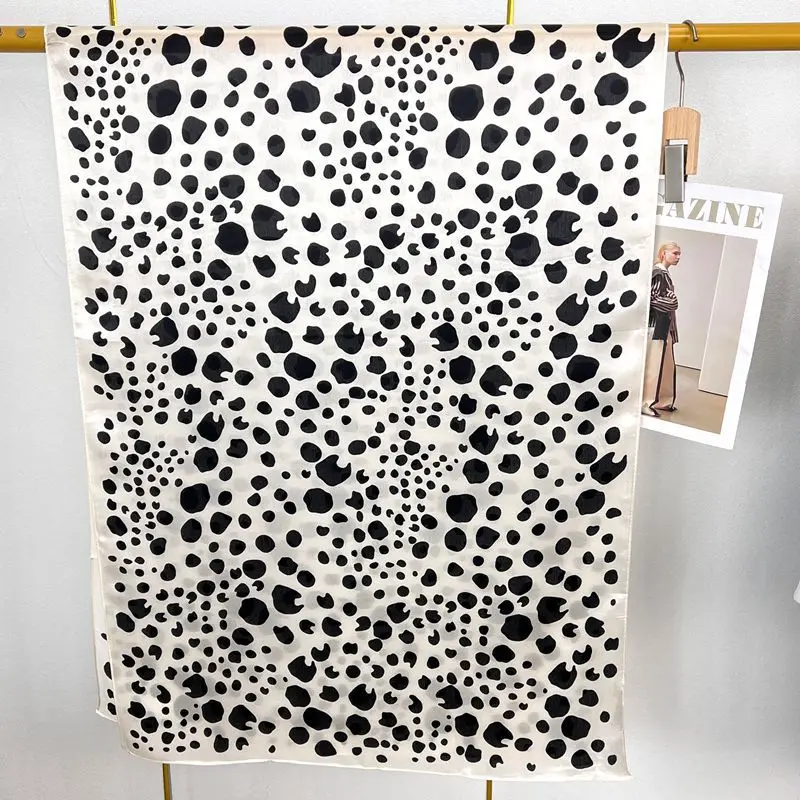 100% Mulberry Silk Leopard Polka Dot Black White Scarf Long Shawl Versatile Spring Summer High Sense Sun Protection Scarf