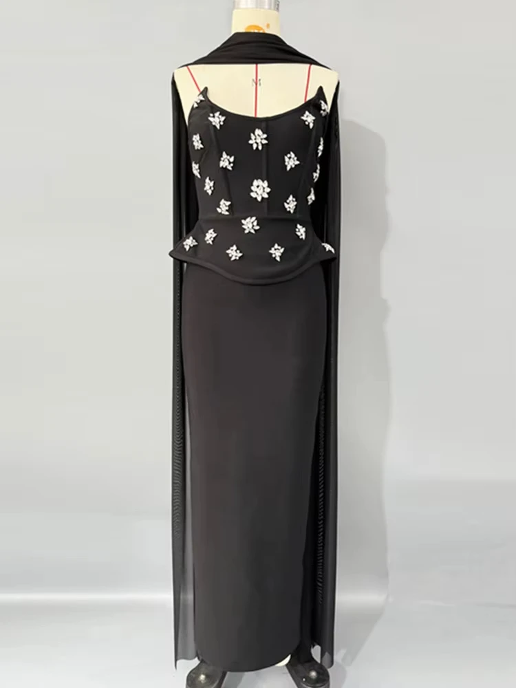 2025 Abito da donna sexy con diamanti e perline, maxi abito lungo aderente con fasciatura nera, elegante abito da sera da club