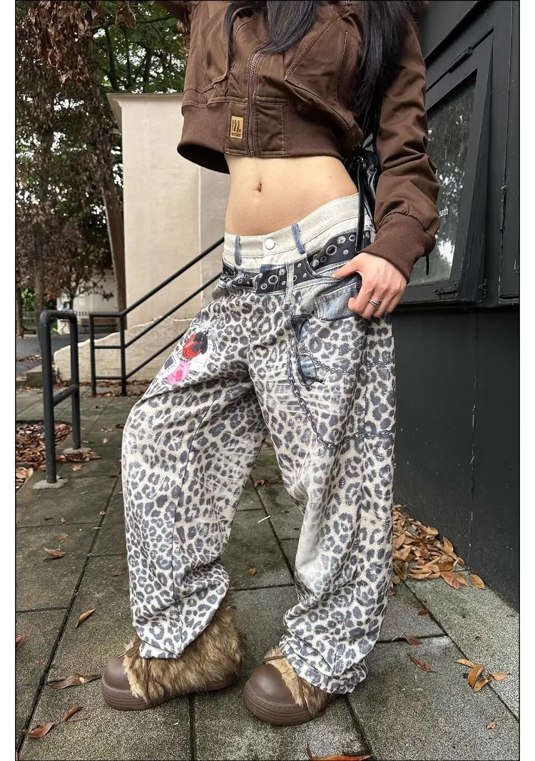 Women's Double Waistband Splicing Leopard Pants Cool Girl Wide Leg Street Bottoms High Waist Trendy Female Baggy Trousers