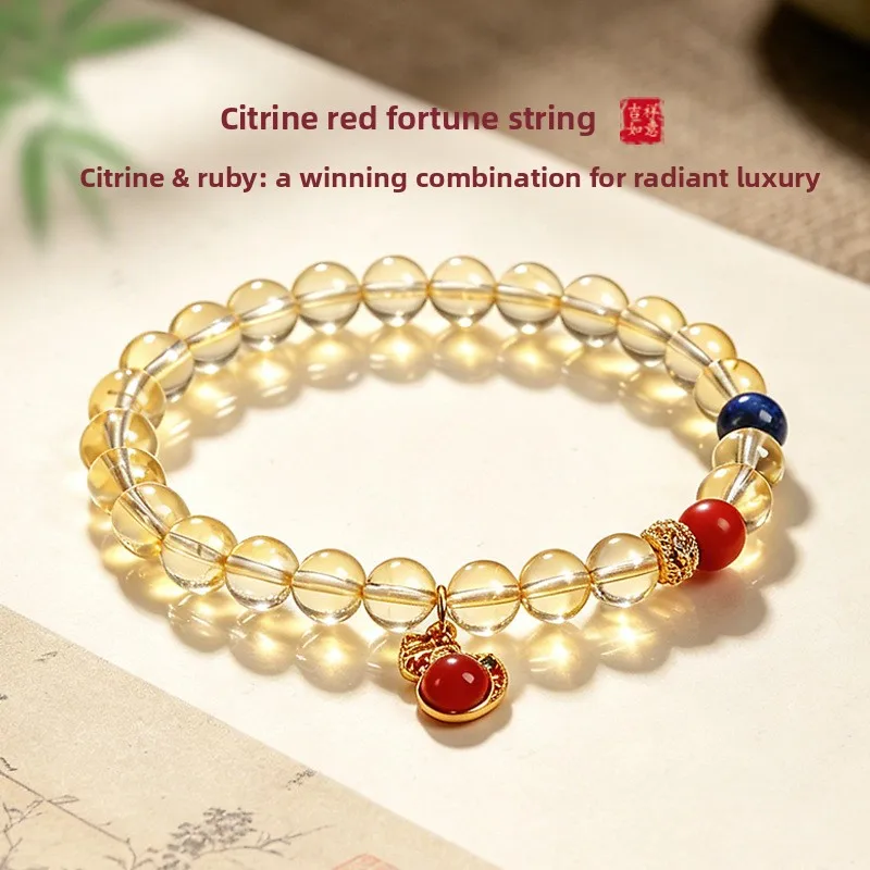 Chinese Style Lucky Wealth Attracting Natural Citrine Beaded Bracelet For Women Lapis Lazuli Red Agate Accent Vintage Oriental