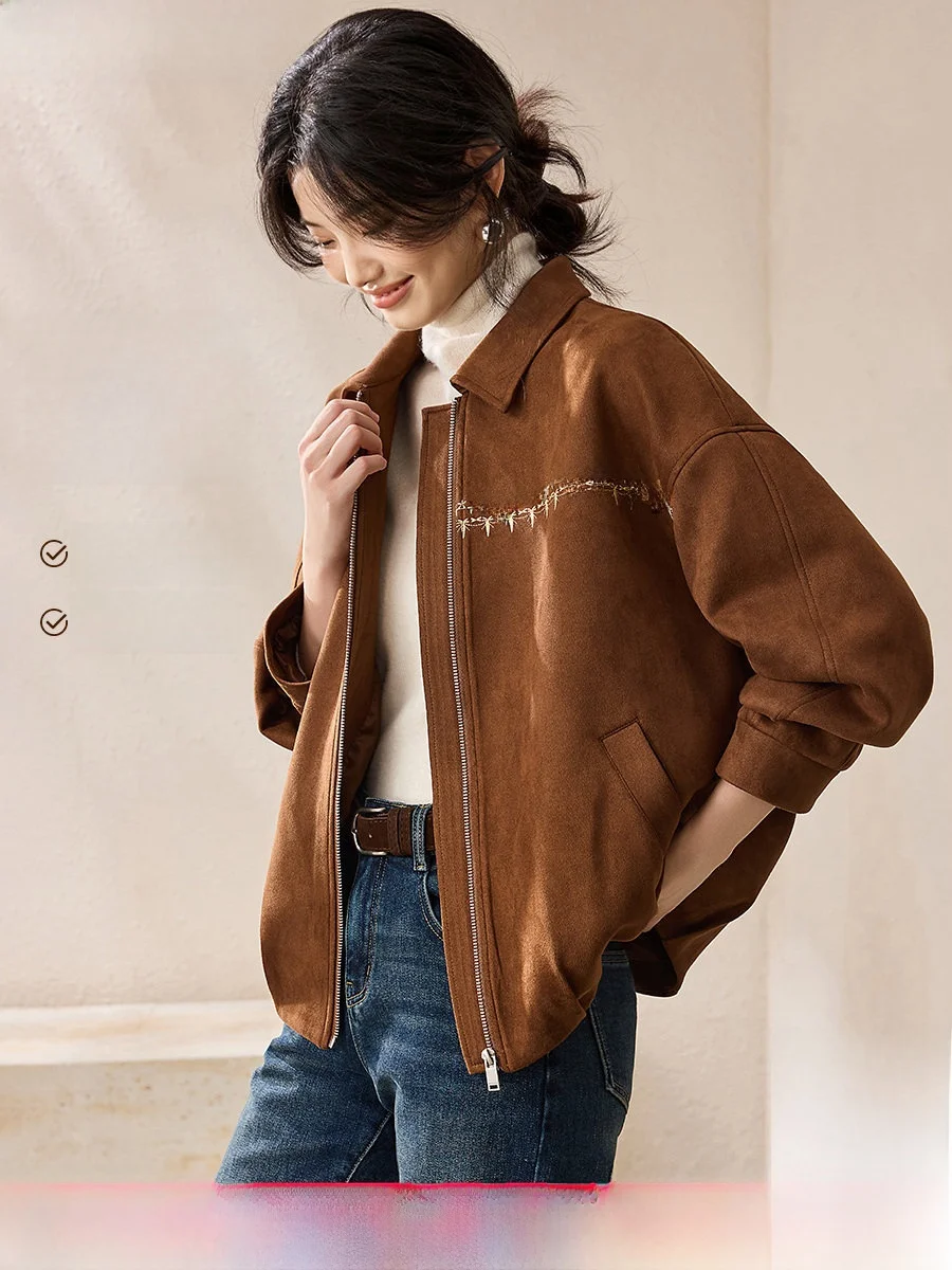 

Mo Han Mei Hippie Sle Pleated ort Suede Jaet Women's Loose Outerwear Casual Retro Fall New Arrival Warmth Assurance