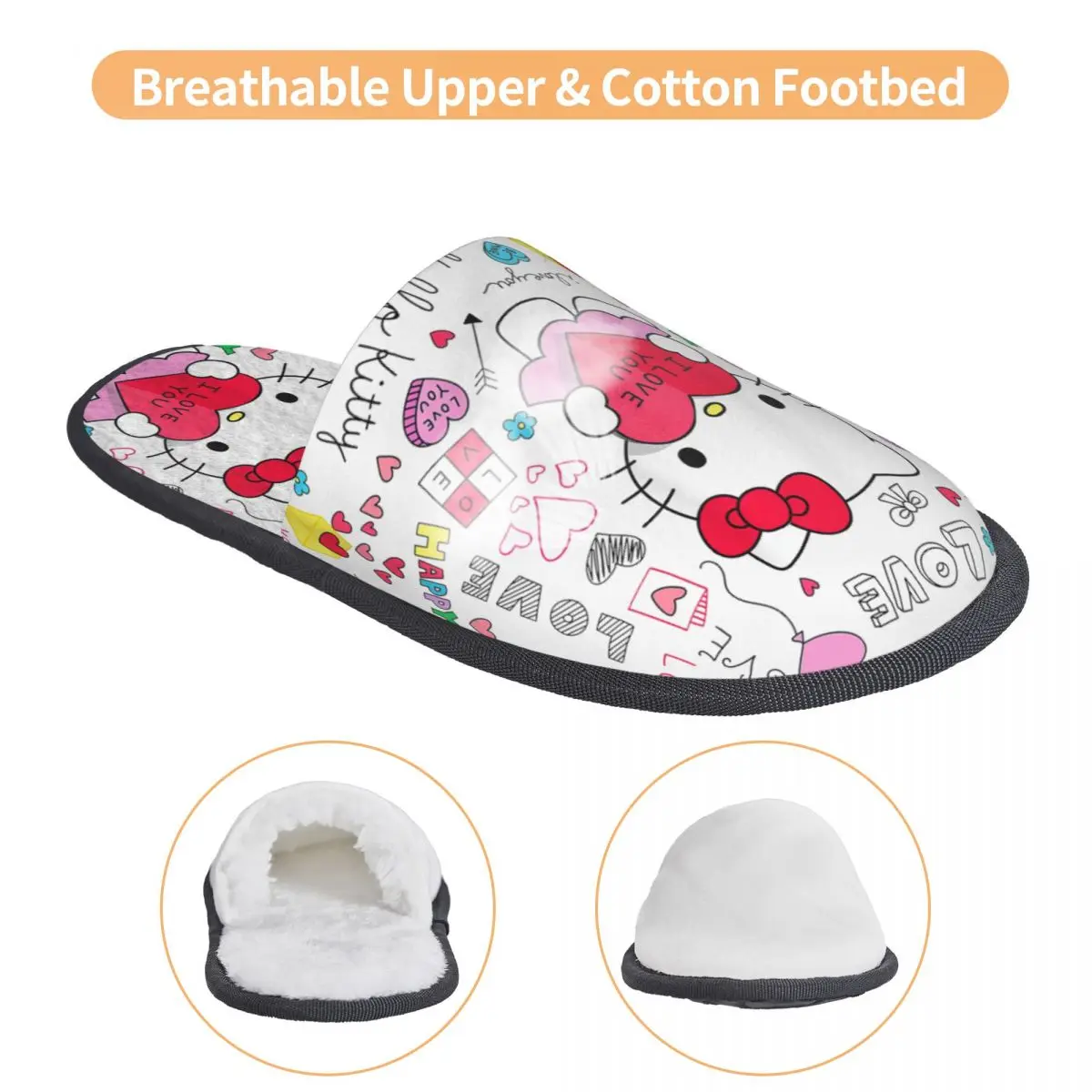 Hello Kitty Love Notes شباشب شتوية لعيد الحب لغرفة المعيشة، شرائح مريحة من إسفنج الذاكرة غير قابلة للانزلاق